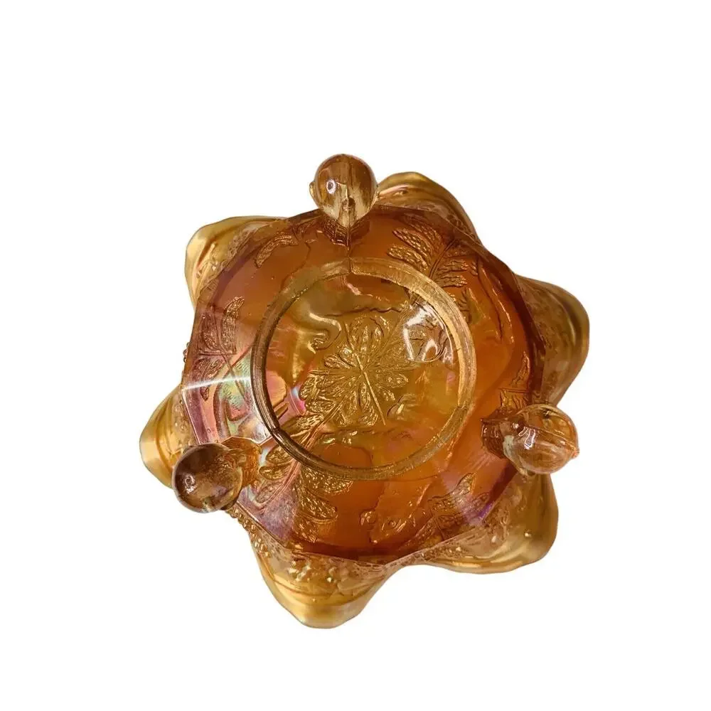 Antique Carnival Glass Fenton Panthers Marigold Ruffled Berry Bowl 1914 3-Footed - Picture 4 of 15